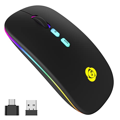 CC Store LED Wireless Bluetooth Mouse &2.4GHz Instant Connection,Rechargeable Ultra Silent Slim,3 Adjustable DPI 2 Connection Modes with USB-C to USB Adapter for Laptop/MacBook/PC/Tablet/iPad (Black) | Bluetooth mouse with 2.4GHz USB receiver, silent slim