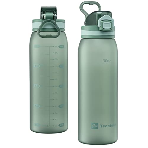Time Marker Water Bottle 30 oz with Push Button Motivational Measurement Marker, Reusable Tritan Plastic Water Jug for Workout Sport Travel Water Tracker (Pack of 1) - color: Midnight Green