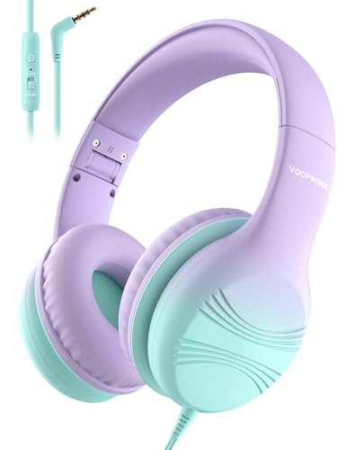 Voopwink Kids Headphones, Wired Headphones for Kids with Microphone 85/94dB Volume Limit, Stereo Sound Portable Over Ear Headphones for School/Travel/Tablet/iPad, Green Violet - color: Green Violet, size: Plug 3.5mm