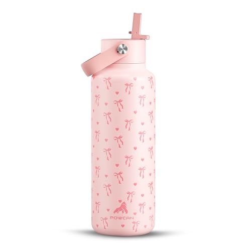 POWCAN 18 oz Insulated Water Bottle: Leakproof, Cup Holder Friendly, Standard Mouth, Top Handle, Double Walled Stainless Steel Water Bottle for Girl, Student, School, Bag, Camping (Sweetheart Bow) - color: Sweetheart Bow, size: 18 Ounces