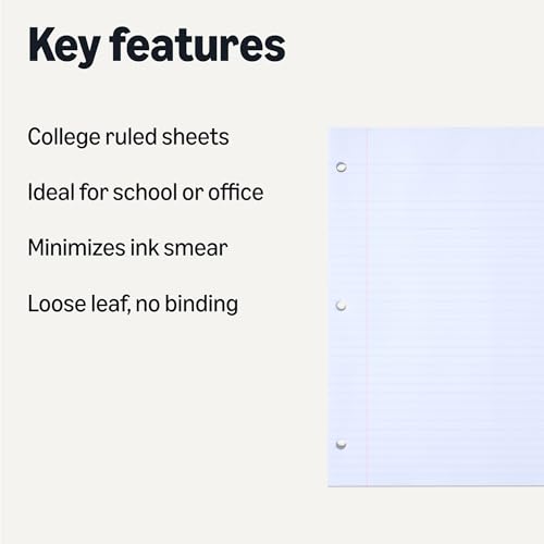 Amazon Basics College Ruled Loose Leaf Paper, 11" x 8.5", 150 Sheets, White, No Binding, 1-Pack