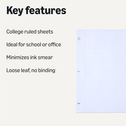 Amazon Basics College Ruled Loose Leaf Paper, 11" x 8.5", 150 Sheets, White, No Binding, 1-Pack