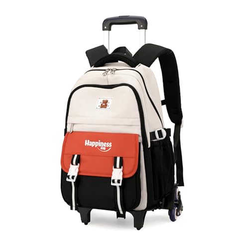 Rolling Backpack for Girls Elementary Middle School Bags, Girls Backpack for Kids with 6 Wheels, Black+Orange - color: 6 Wheels-02-black+orange, style: 6 Wheels
