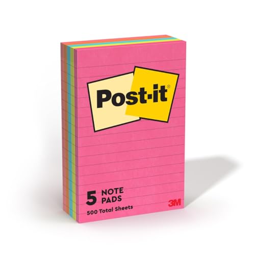 Post-it Notes, 4 in x 6 in, Lined, Assorted Bright Colors, 5 Pads, 100 Sheets per Pad, 500 Sheets Total, Sticky Notes for Planners, School and Office