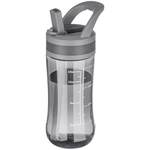 14oz Clear Kids Water Bottle with Straw Lid, BPA-Free Tritan, Measurement Scale, Sturdy Handle Wide Mouth Leak-proof Reusable Plastic Bottle for Boy& Girls, Back to School(Gray) - color: Gray