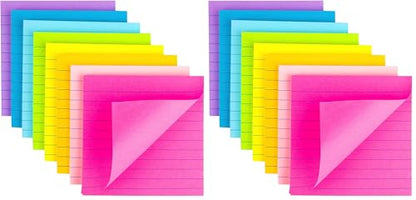 (16 Pack) Lined Sticky Notes 4x4 Bright Stickies Colorful Super Sticking Power Memo Pads, 8 Colors, Strong Adhesive - size: 4 x 4 inches (Pack of 2)
