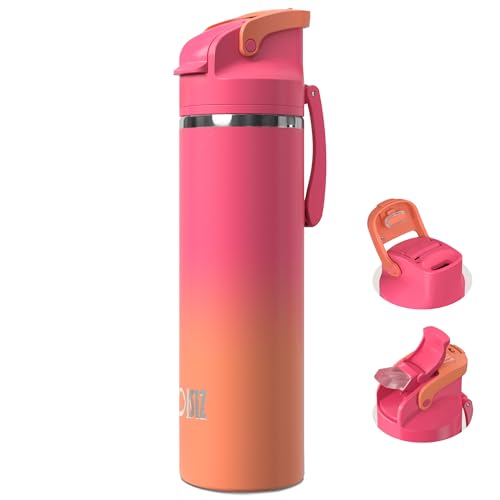 OISIZ Insulated Water Bottle 24 oz with 2 in 1 Spout and Straw Lid,One Click Safety Lock,100% Leakproof,Keep Cold 24H,Vacuum Stainless Steel Water Bottle for School,Travel and Sports,Dishwasher Safe - color: Sunset, size: 24 Ounces