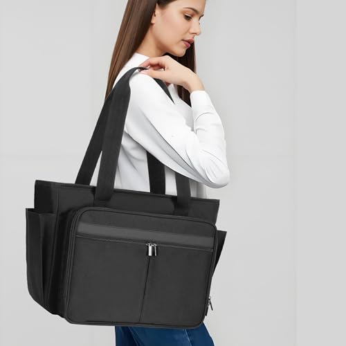 Trunab Teacher Laptop Tote Bag with Expanding File Folder Pocket | Nurse Utility Tote Bag for Women, Office Laptop Briefcase for Work, College, Nursing - color: Black