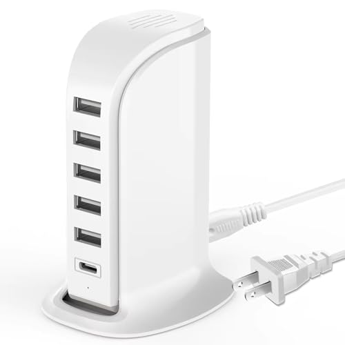 USB Charging Station for Multiple Devices, 5 USB Ports + 1 Type C Multiport Charger Tower, Compatible with Smartphones, Tablets and Other Devices - color: White, size: 20W
