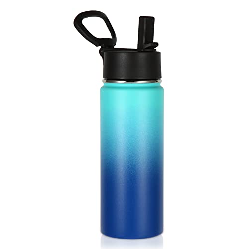 Volhoply 18oz Kids Insulated Water Bottle,Stainless Steel Water Bottles with Straw Lid,Wide Mouth Reusable Metal Water Bottle,Double Wall Vacuum Sports Flask For Cold Drink(Green Blue,1 Set) - color: Green Blue