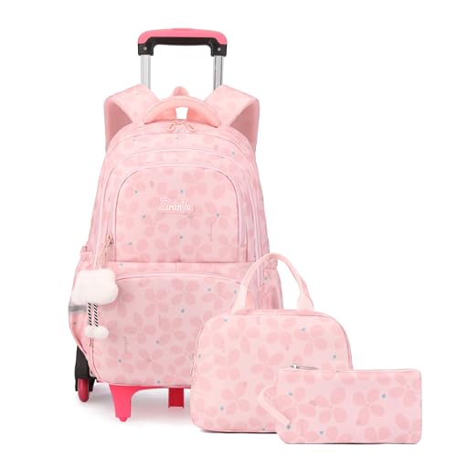 Bansusu 3Pcs Kids Rolling Backpack for Girls with Lunch Bag, Lucky Leaf School Bag Girls Roller Backpack with 6 Wheels, Pink - color: 3pcs-6 Wheels-pink