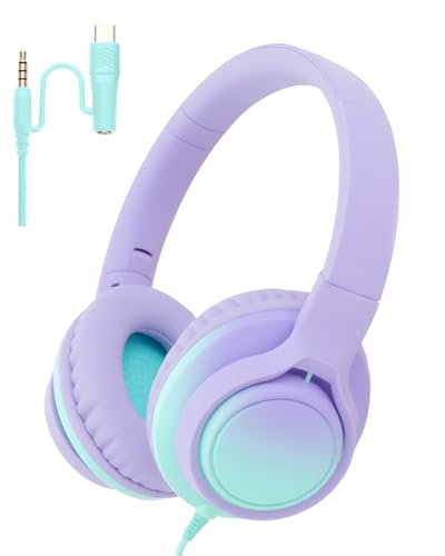 USB C & 3.5mm 2 in 1 Wired Headphones, Stereo Over Ear Headphones with HD Mic, Tangle-Free Nylon Cord, Foldable Earphones for iPad, Tablet, Laptop, Android, School, Travel - color: Purple-Green