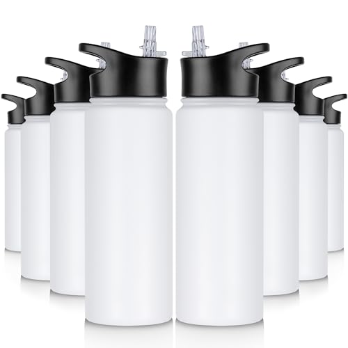 24 oz Insulated Water Bottle Bulk 8 Pack, Stainless Steel Sports Water Bottles with Straw Lid & Wide Mouth Lids, Double Walled Vacuum, Leak Proof, White - color: White, size: 24 Ounces-8