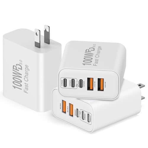 QZIIW USB C Wall Fast Charger Block, 100W 5-Port Type C Fast Charging Block 3 Pack-PD Power Charger Adapter QC 3.0 USB Multiport Charger Brick for iPhone 17 16, Samsung Series MacBook/Air, iPad, etc. - color: White
