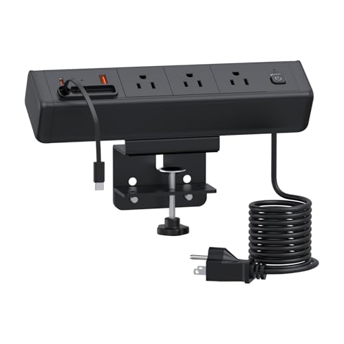 Desk Clamp Power Strip Built-In1 Retractable USB C Cables,Nightstand Charging Station 1 PD20W USB-C&1 USB-A&3 AC,Desk Mount Outlet 6.6 Ft Extension Cord for Conference Rooms, Desktop Accessory. - color: Black