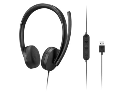 Lenovo USB-A Wired Stereo Headset for PC/Laptop, AI Noise Canceling via APP, 140g Lightweight, Replaceable Earcups, Double-Sided Boom Mic, in-line Controls with Mute for Call. Work with Teams/Zoom