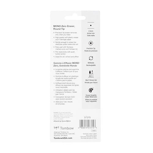 Tombow 57315 MONO Zero Eraser and Refill Value Pack, Round 2.3mm. Precision Tip Pen-Style Eraser with Refill - style: Round