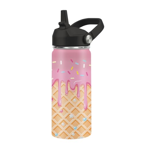 Kids Water Bottle Insulated - Ice Cream Water Bottle for Kids, 16oz Stainless Steel Insulated Water Bottles with Straw Lid, Leakproof BPA-Free Ice Cream Water Bottles for Home Travel Sports - color: Ice Cream#pink, size: 16 Ounces