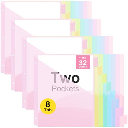 Binder Dividers with Two Pockets, 8 Tabs Binder Dividers for 3 Ring Binder Letter Size, Durable Plastic Binder Divider with Tabs, Insertable Big Tabs, Pastel (4 Sets) - size: 4 Sets