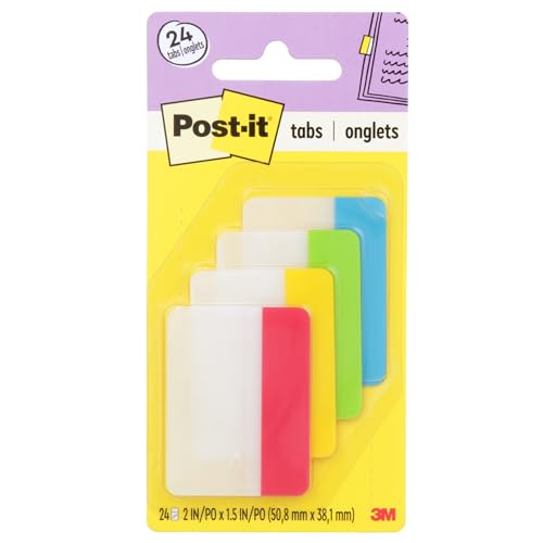 Post-it Sticky Tabs, 2 in. x 1.5 in., 4 Pads of Book Tabs in Assorted Primary Colors for Bookmarking, Annotating, Reading, and Reminders, Red, Green, Blue, and Yellow (24 Total Count)