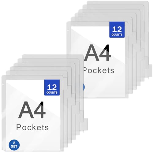 Clear Binder Dividers with Pockets 12 Count 2 Set A4 Transparent Pocket Dividers with Tabs Plastic File Dividers for Binders Big Insertable Tabs Works with Sheet Protectors - color: 2pc Transparent