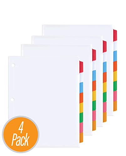 3 Ring Binder Dividers with 8 Color Tabs, Laminated Write-On Erasable Tabs, Tear Resistant Reinforced Binding Edge - 8.5” x 11” Letter Sized - 4-Pack