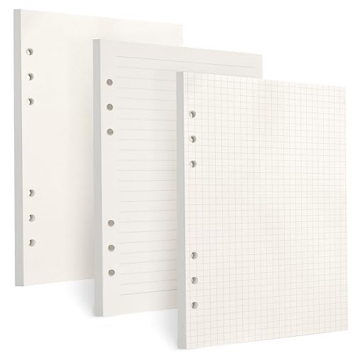 Toplive A5 Refill Paper, [3 Pack] 100GSM Thick 6 Hole Filler Inserts - 135 Sheets (270 Pages) for 6 Ring Binder Journal Notebook, Blank/Line/Squared - style: 3Pack Blank+Line+Grided
