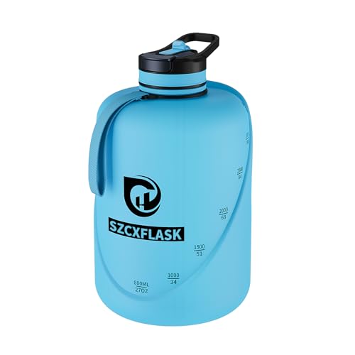 Large Gym Water Bottle 1 Gallon with Measurement Marks, Drop Resistant Fitness Jug with Straw & Direct Drink Lid, Sweat-Proof Reusable Sports Flask with 3 Ways Carry Strap for Workout - color: Blue, size: 128 Ounces