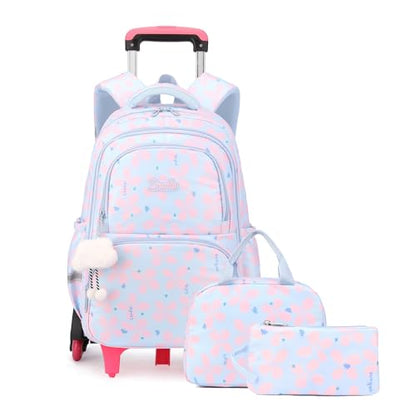 Bansusu 3Pcs Girls Rolling Backpack for Kids School, Lucky Leaf School Bag Girls Roller Backpack with 6 Wheels, Blue+pink - color: 3pcs-6 Wheels-blue+pink