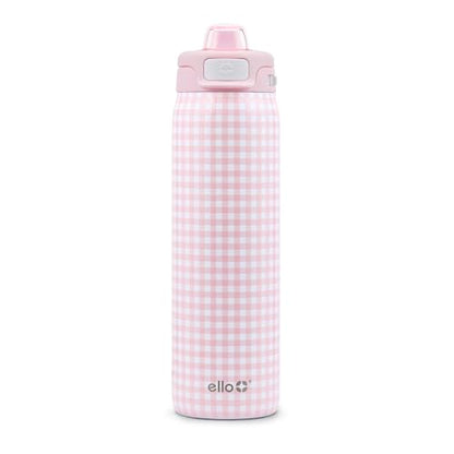 Ello Pop & Fill Insulated Stainless Steel Water Bottle with Quick Fill Lid, Leakproof Locking, Sip or Chug Spout, BPA-Free, Double Wall Vacuum Insulated for Sports, Travel & School- 22oz / 32oz / 40oz - color: Pink Gingham, style: 22oz