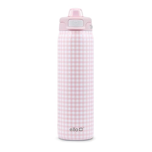 Ello Pop & Fill Insulated Stainless Steel Water Bottle with Quick Fill Lid, Leakproof Locking, Sip or Chug Spout, BPA-Free, Double Wall Vacuum Insulated for Sports, Travel & School- 22oz / 32oz / 40oz - color: Pink Gingham, style: 22oz