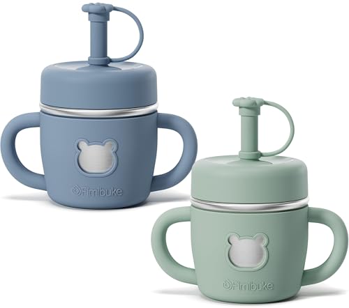 Fimibuke Sippy Cups for Toddlers, 10 OZ Spill Proof Kids Cup, Leak Proof Stainless Steel Tumbler with Handle, Silicone Straw & Sleeve, BPA Free Dishwasher Safe Girl Boy Kids Water Bottle, 2 Packs - color: Forest & Ocean
