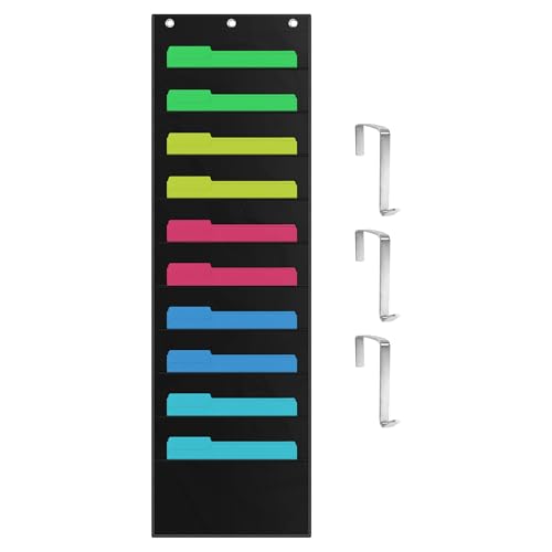 ZKOO 10 Pockets Hanging Wall File Organizer for A4 Size Paper/Legal/Letter Size Document, Sturdy Wall Mail Organizer Black Pocket Chart Great for Classroom, Office, Home Use with 3 Hangers - size: 10 Pocket