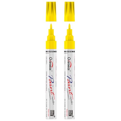Overseas Yellow Oil Based Paint Markers, 2 Fine Tip Permanent Paint Pens | 0.9mm Fine Nib, Waterproof, Quick Dry, Fade Resistant, Oil Marker Pen for Metal, Rubber, Wood, Plastic, Rock, Glass, Canvas - color: Yellow