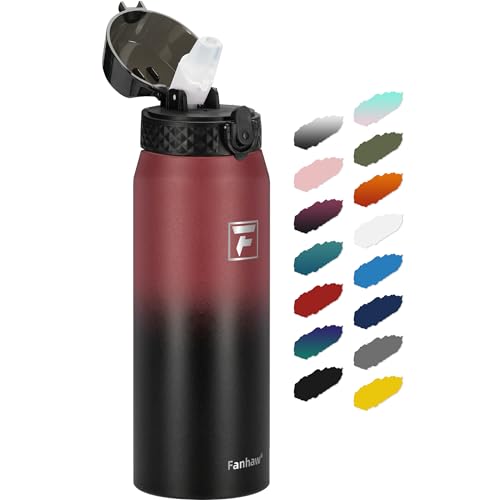 Fanhaw 24 Oz Kids Insulated Stainless Steel Water Bottle with Straw Lid, Leakproof & Anti-Dust Everyday Use Bottle for School, Women & Men, Back to School Essentials (Red Black) - color: Red Black, style: 24 Ounces