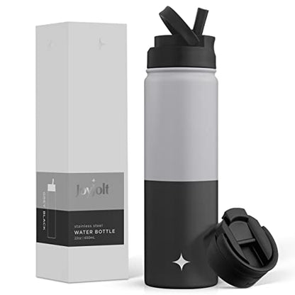 JoyJolt Triple Insulated Water Bottle with Straw Lid AND Flip Lid! 22oz Water Bottle, 12 Hour Hot/Cold Vacuum Insulated Stainless Steel Water Bottle. BPA-Free Leakproof Water Bottles - Thermos Bottle - color: Gray/Black, size: 22 Ounces