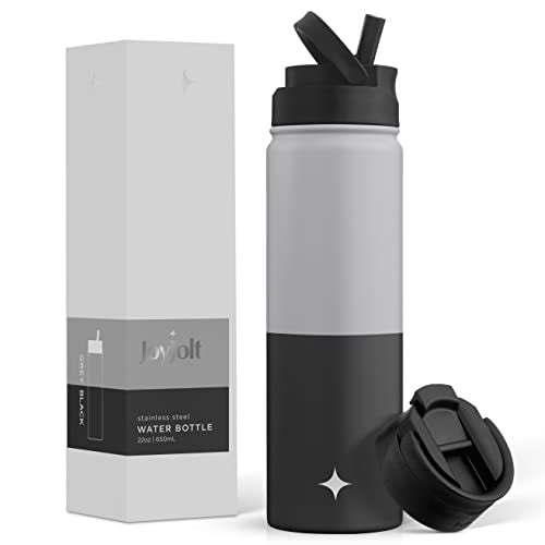 JoyJolt Triple Insulated Water Bottle with Straw Lid AND Flip Lid! 22oz Water Bottle, 12 Hour Hot/Cold Vacuum Insulated Stainless Steel Water Bottle. BPA-Free Leakproof Water Bottles - Thermos Bottle - color: Gray/Black, size: 22 Ounces
