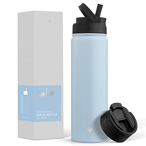 JoyJolt Triple Insulated Water Bottle with Straw Lid AND Flip Lid! 22oz Water Bottle, 12 Hour Hot/Cold Vacuum Insulated Stainless Steel Water Bottle. BPA-Free Leakproof Water Bottles - Thermos Bottle - color: Cloud Blue, size: 22 Ounces