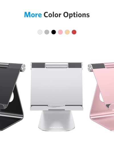 OMOTON T1 Adjustable Tablet Stand for Desk, Aluminum Holder for iPad Silver | Solid Metal Build | Charging Cutout | Anti-Slip Silicone Pads | Multi-Angle Adjustable | Fits 3.5-12.9" | Holds Thick Cases - color: Silver