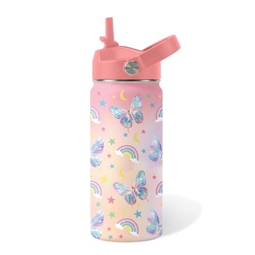 Butterfly Gifts for Girls, 16oz Kids Water Bottle with Straw Lid, BPA-Free, Leakproof Stainless Steel Insulated Bottle, for School, Travel - Rainbow Butterfly Lovers Children Birthday Gift Cup(1pc) - color: Butterfly2-new, size: 16 Ounces