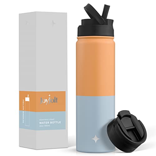 JoyJolt Triple Insulated Water Bottle with Straw Lid AND Flip Lid! 22oz Water Bottle, 12 Hour Hot/Cold Vacuum Insulated Stainless Steel Water Bottle. BPA-Free Leakproof Water Bottles - Thermos Bottle - color: Orange/Blue, size: 22 Ounces
