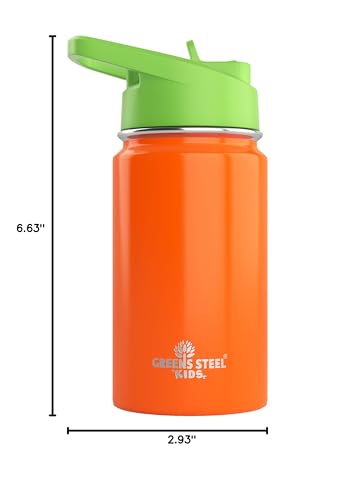 Kids Water Bottle - 12oz Orange | Leak Proof With Straw & Handle | 24 Hours Cold | Insulated, Double Wall Stainless Steel | Easy Sip Toddler Cup | Child's Flask | Eco Friendly - color: Orange