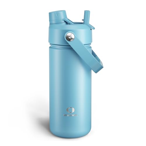 ENCOOL Insulated Water Bottle with Straw Stainless Steel Water Bottle, Leak-Proof, BPA-Free, Double Wall Vacuum Keeps Cold for 24 Hours for Sports, Travel, School (18 oz, Pewter Blue) - color: Pewter Blue, size: 18 Ounces