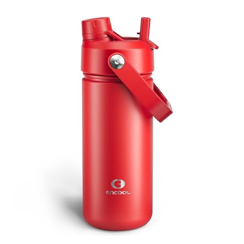 ENCOOL Insulated Water Bottle with Straw Stainless Steel Water Bottle, Leak-Proof, BPA-Free, Double Wall Vacuum Keeps Cold for 24 Hours for Sports, Travel, School (18 oz, Medium Carmine) - color: Medium Carmine, size: 18 Ounces