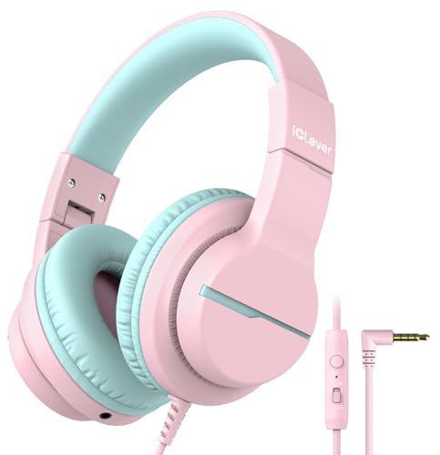 iClever HS19 Kids Headphones with Microphone for School, Safe Volume Limited, Over-Ear Girls Boys Headphones for Kids with Shareport, Foldable Wired for iPad/Travel (Pink) - color: Pink