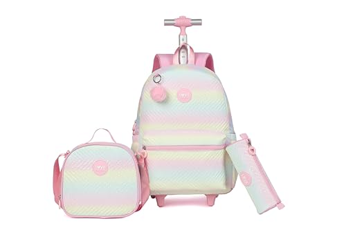 Rolling Backpack with Wheels School Trolley Laptop Bag with Lunch Box 3pc Set for women (PU PINK) - color: Pu Pink