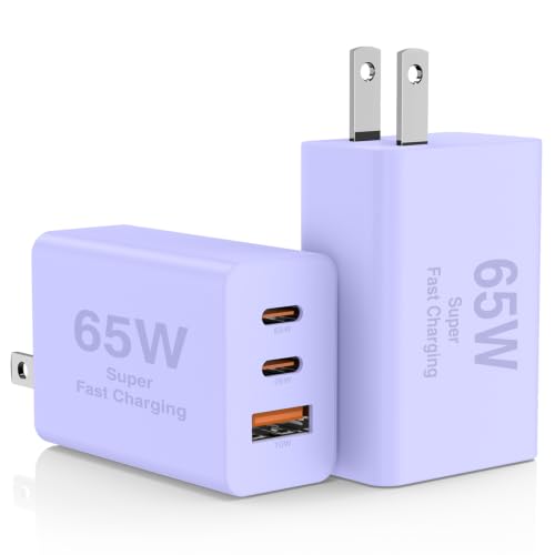 2Pack 65W USB C Wall Charger Block, 3-Port USB C Charging Adapter 100W Type C Super Fast Charging Power Plug Cube for MacBook Pro/Air,i-Pad Pro,i-Phone 17/16/15, Galaxy S25,and More - color: Purple+Purple