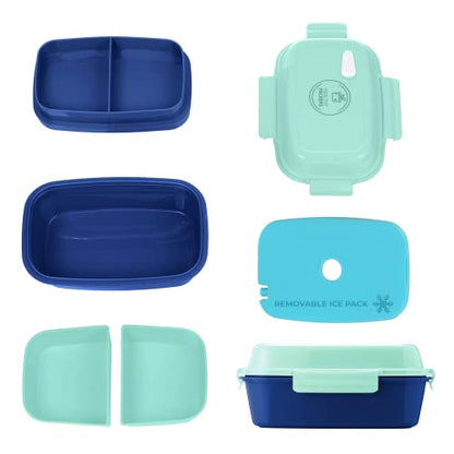 Ultimate Bento Box - Lunch Box for Kids & Adults with Removable Ice Pack - Leakproof, Multi-Compartment Food Container with Removable Containers - Microwave & Dishwasher Safe (Green, Blue, Green) - color: Green, Blue, Green