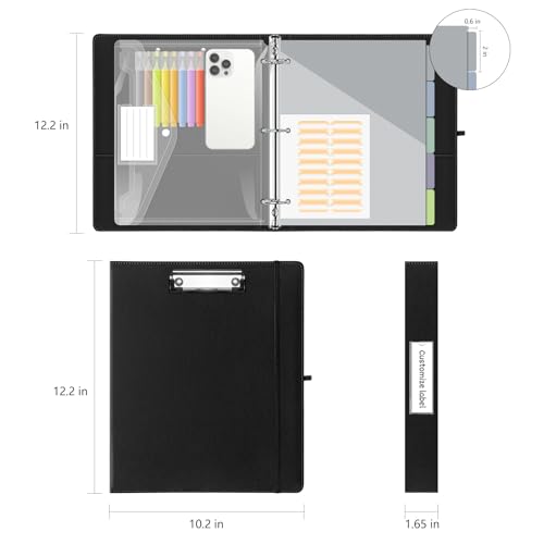 3 Ring Binder, 1 Inch Leather Binders with Clipboards, 5-Tabs Pockets Dividers, 18 Divider Stikers, Plastic Folder, Pen Holder, Three Ring Binder with Pen Holder(Black, Letter Size) - color: Black, size: 1in（Letter Size）