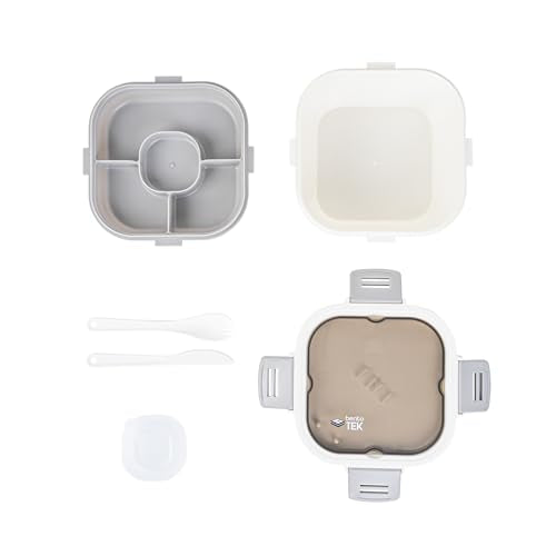 Restaurantware-Bento Tek 57.5 Ounce Bento Box, 1 Reusable Lunch Container - With Fork And Knife, Does Not Contain BPA, White And Gray Plastic Reusable Lunch Box, Microwavable, Dishwashable - size: 1 Count, style: 58 oz - White